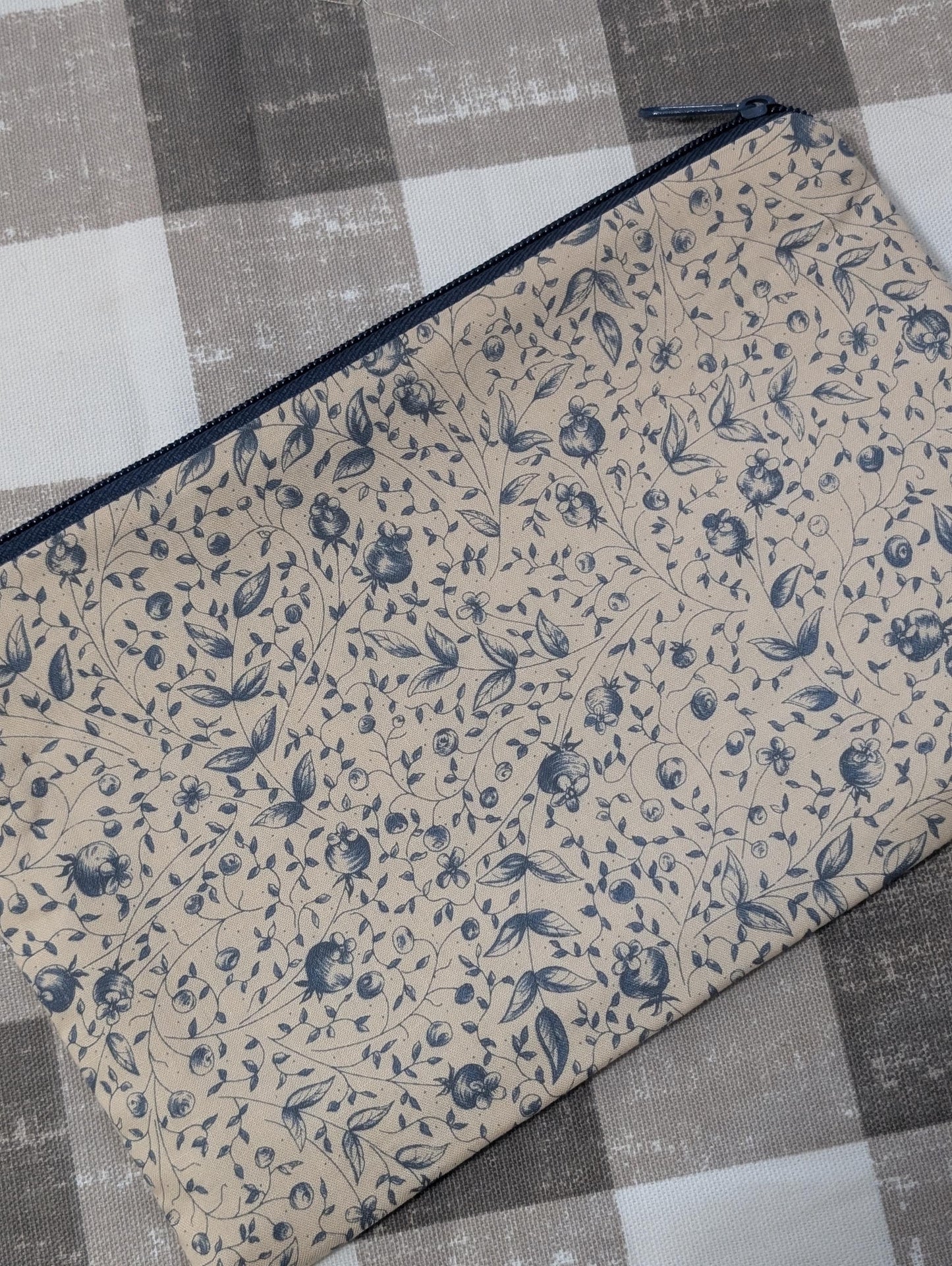 Dark Blue Florals on Beige Vinyl Front Project Bag for Cross Stitch Needlepoint Embroidery WIP Organizer Scrapbooking