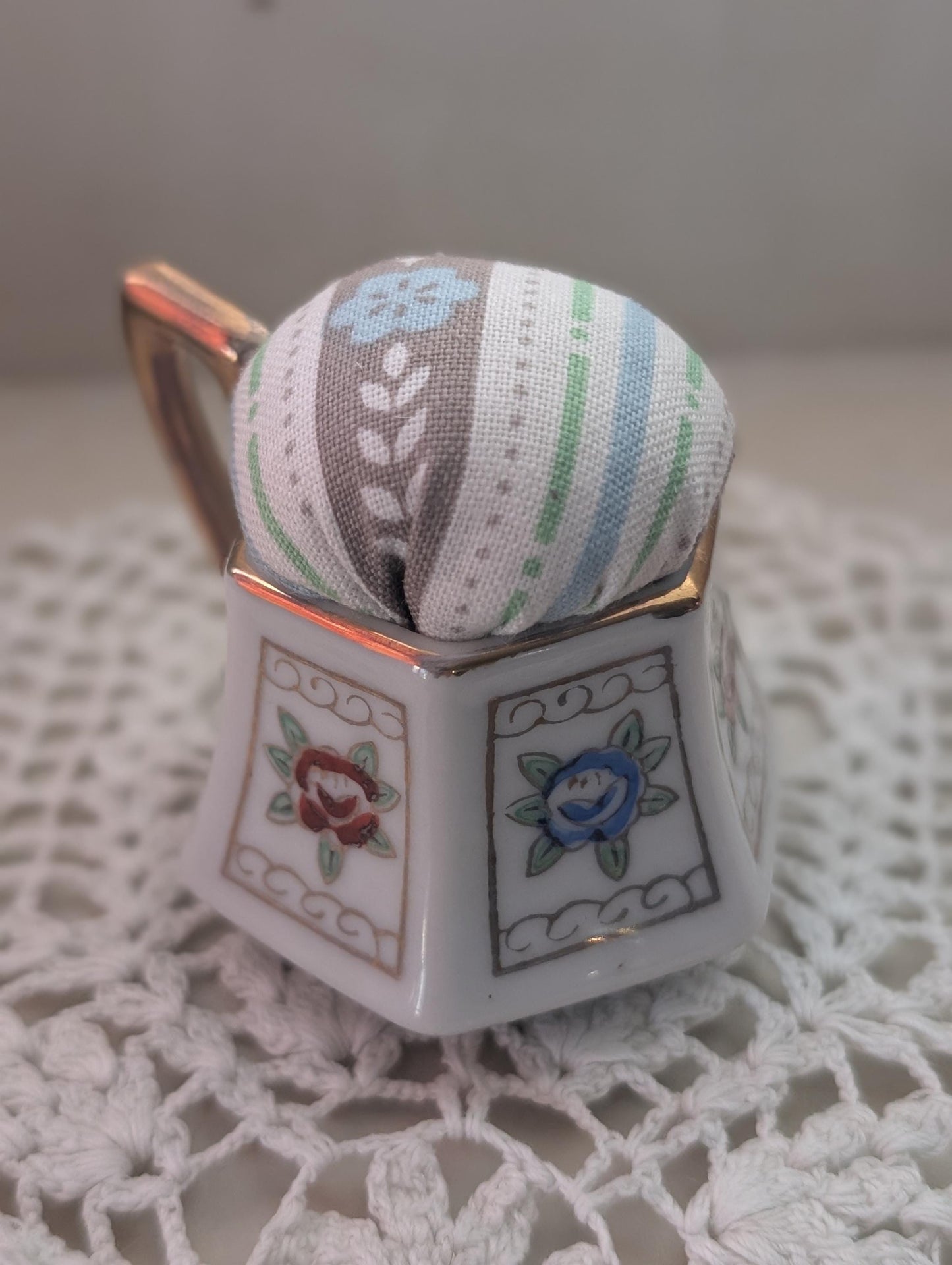 Tiny Tea Cups with Pincushion cross stitcher Decor