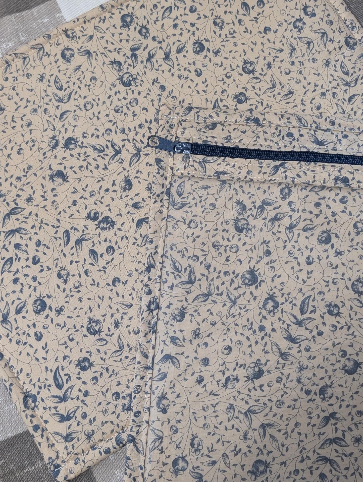 Dark Blue Florals on Beige Vinyl Front Project Bag for Cross Stitch Needlepoint Embroidery WIP Organizer Scrapbooking