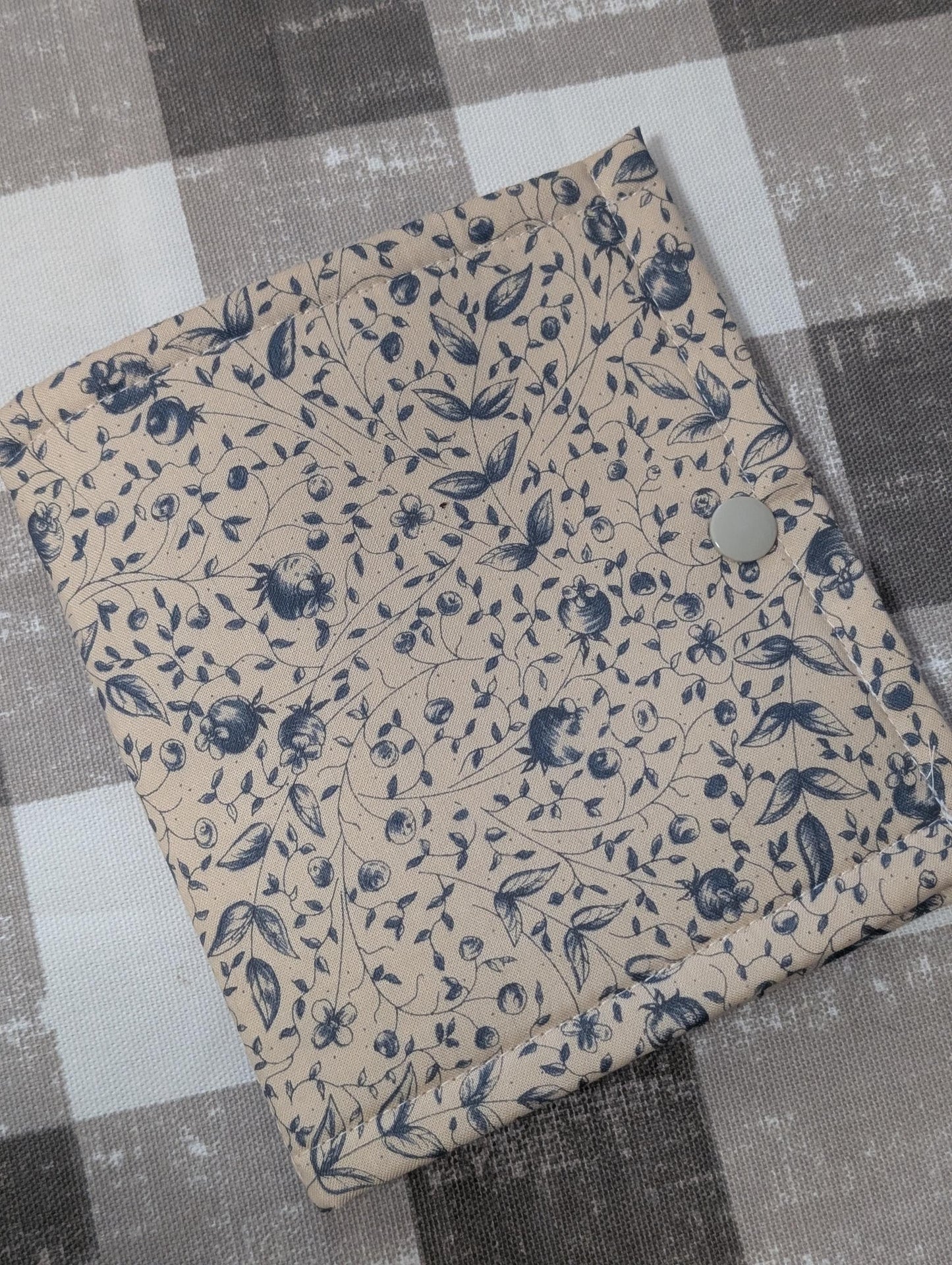 Dark Blue Florals on Beige Vinyl Front Project Bag for Cross Stitch Needlepoint Embroidery WIP Organizer Scrapbooking