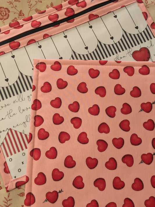 All my Love Red Hearts Vinyl Front Project Bag for Cross Stitch Needlepoint Embroidery WIP Organizer Scrapbooking