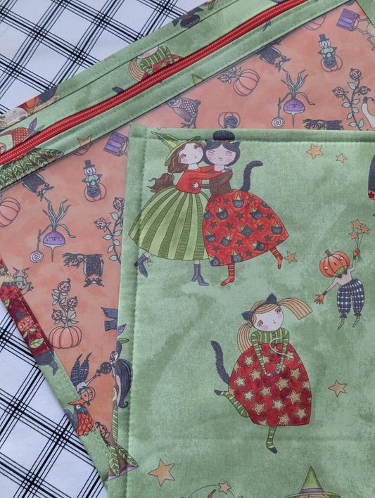 Ghoul Friends Green Vinyl Front Project Bag for Cross Stitch Needlepoint Embroidery WIP Organizer Scrapbooking