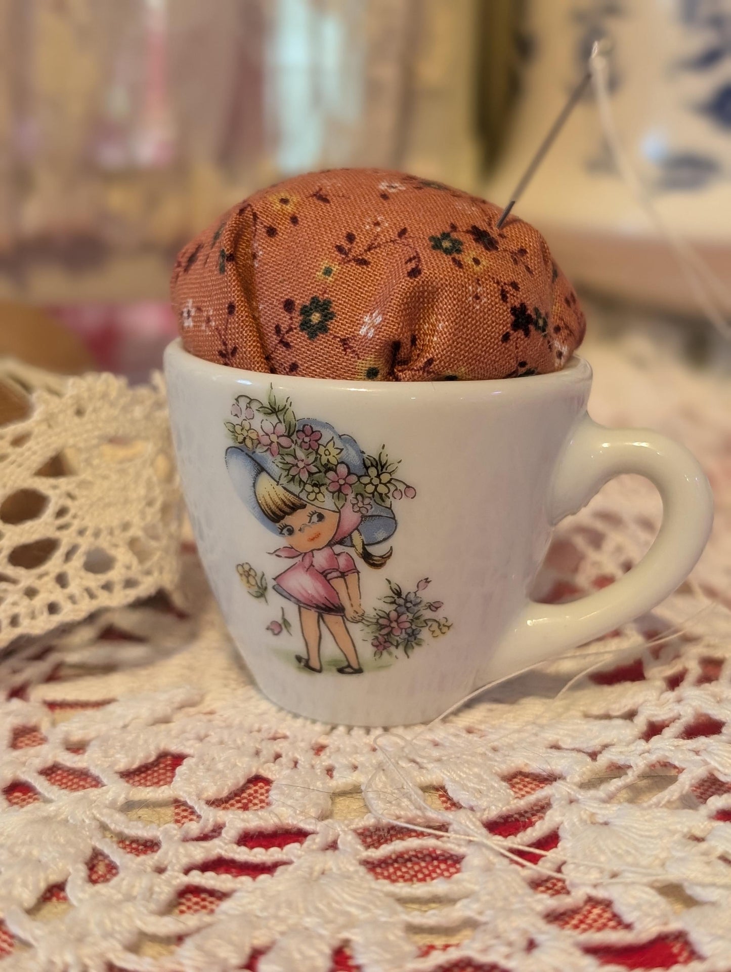 Tiny Tea Cups with Pincushion cross stitcher Decor