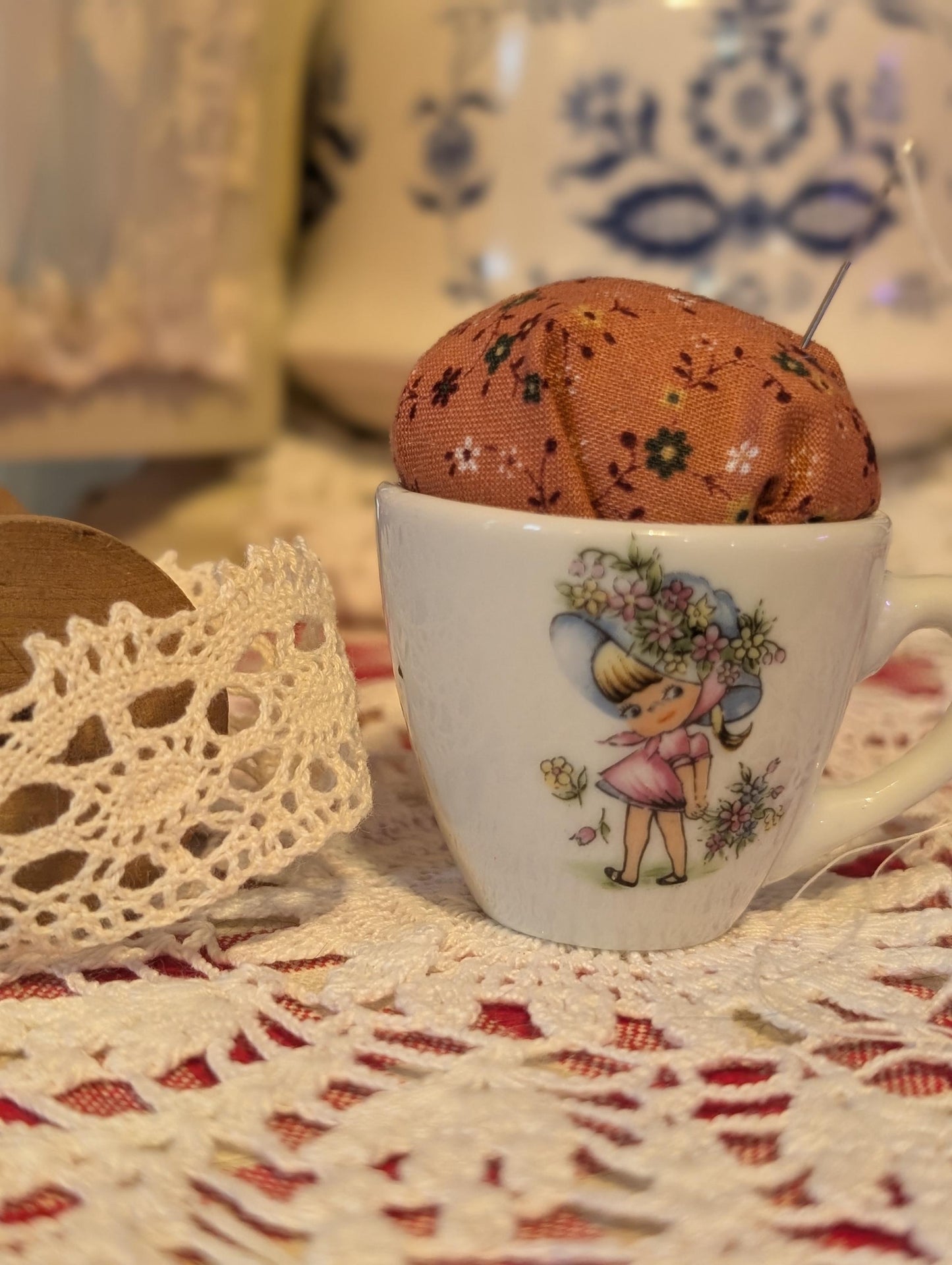 Tiny Tea Cups with Pincushion cross stitcher Decor