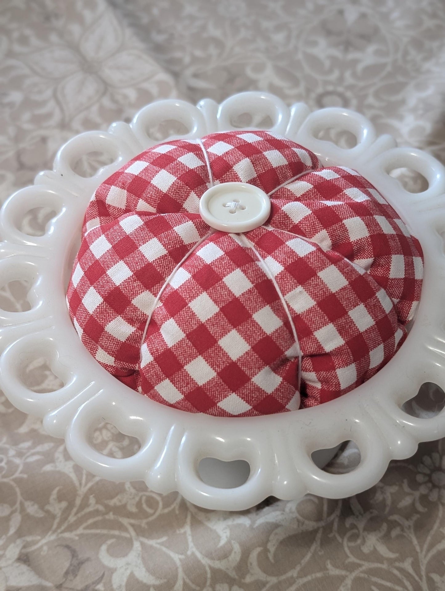 Pin cushion for Milk glass froggers Decor Fabric Tiered Tray Notions