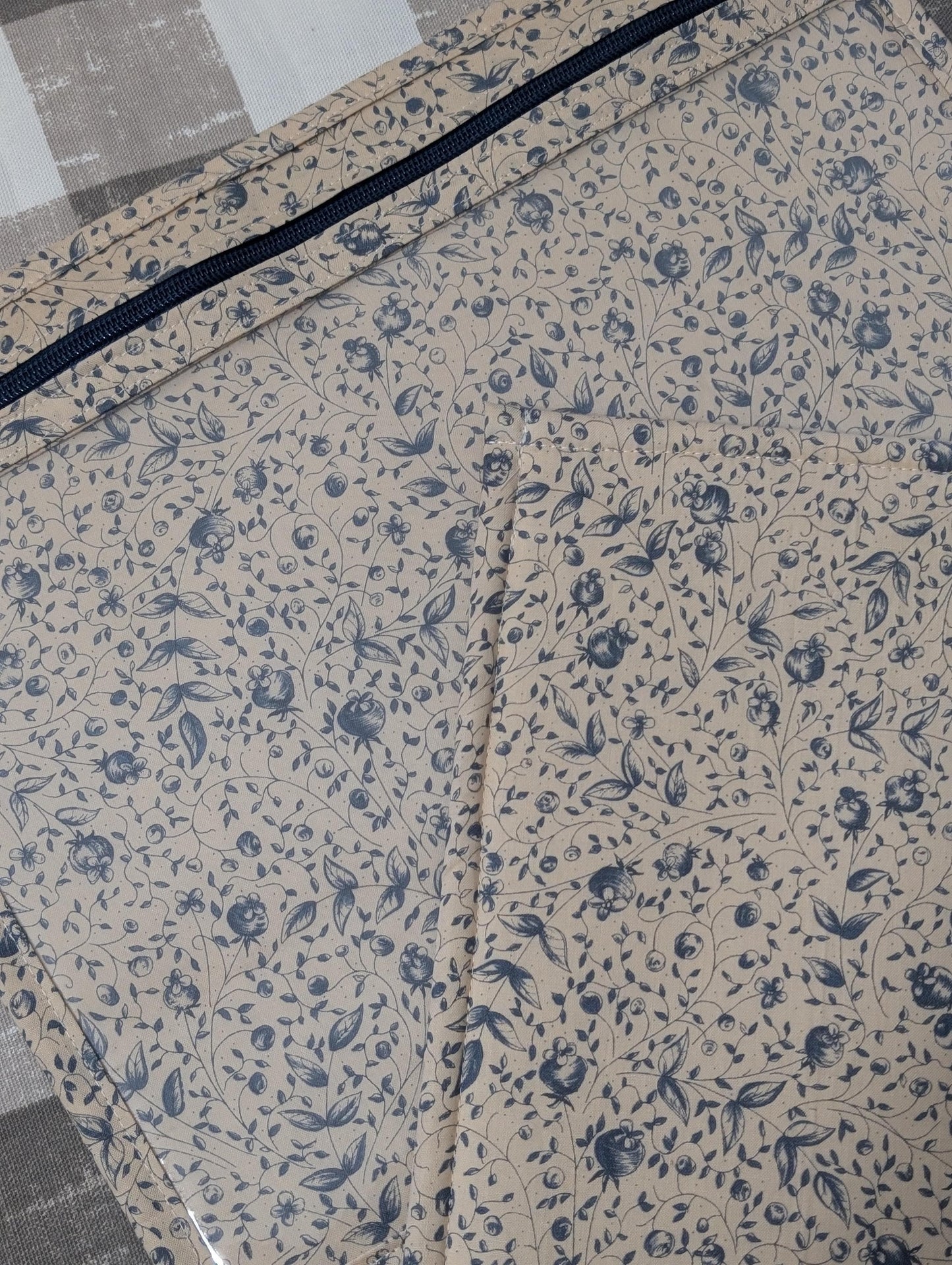 Dark Blue Florals on Beige Vinyl Front Project Bag for Cross Stitch Needlepoint Embroidery WIP Organizer Scrapbooking