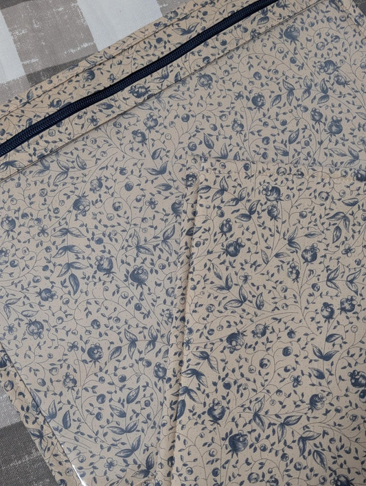 Dark Blue Florals on Beige Vinyl Front Project Bag for Cross Stitch Needlepoint Embroidery WIP Organizer Scrapbooking