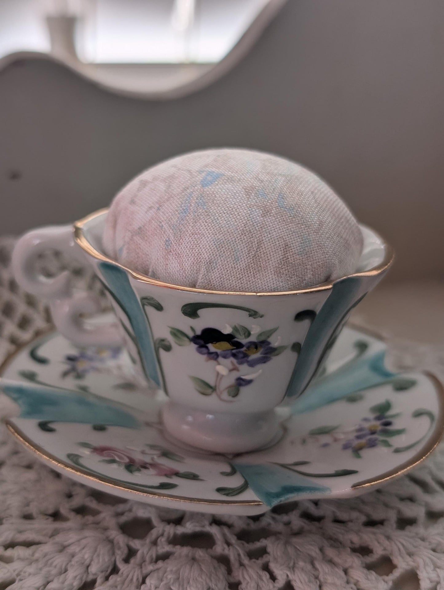 Tiny Tea Cups with Pincushion cross stitcher Decor